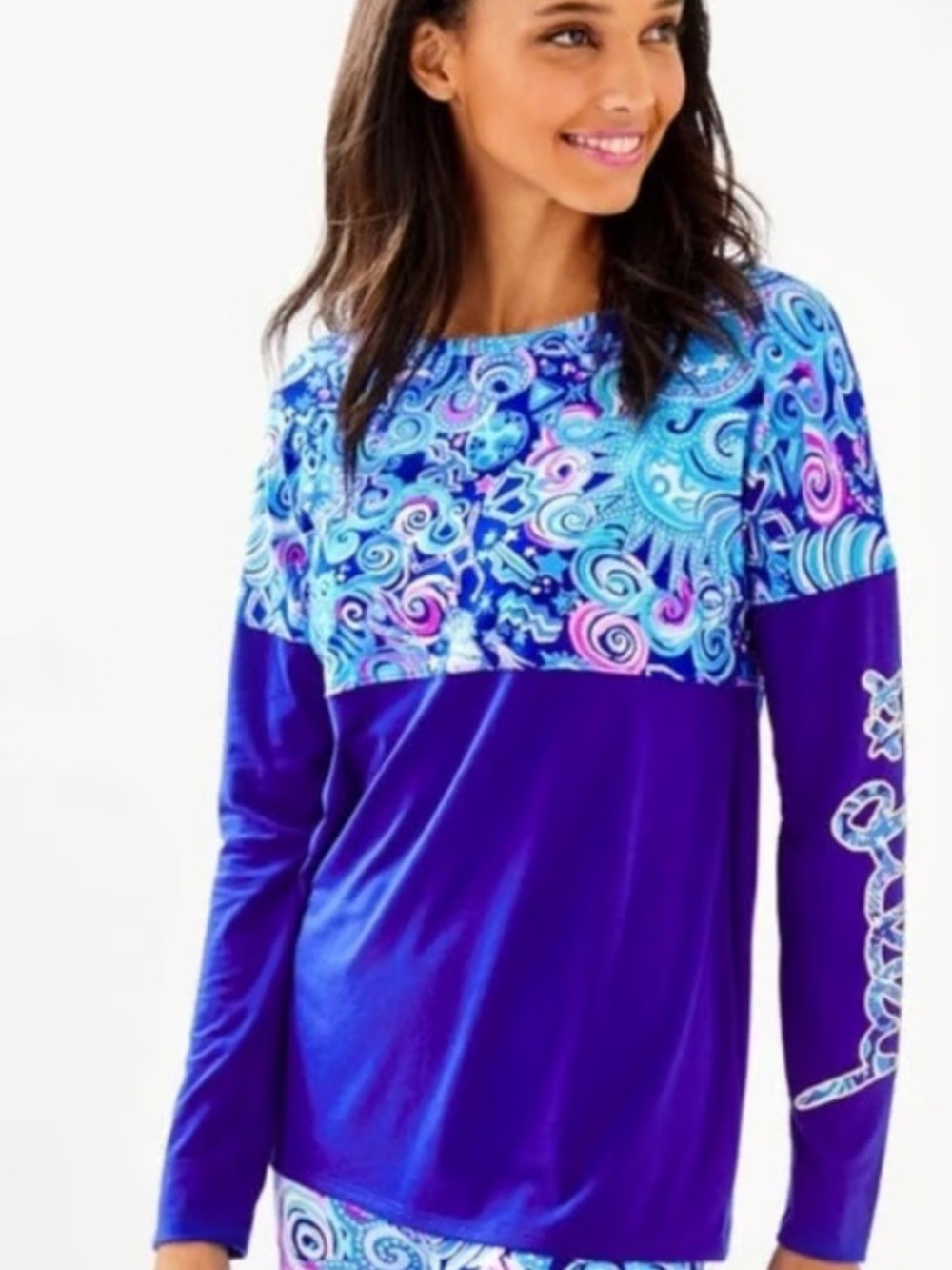 Lilly Pulitzer XL Cosmic Kismet Blue Finn Logo Patterned Long-Sleeve Top